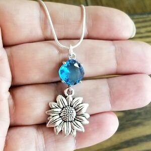 Sterling Silver Sunflower Necklace, Blue Topaz Necklace, Sunflower Jewelry